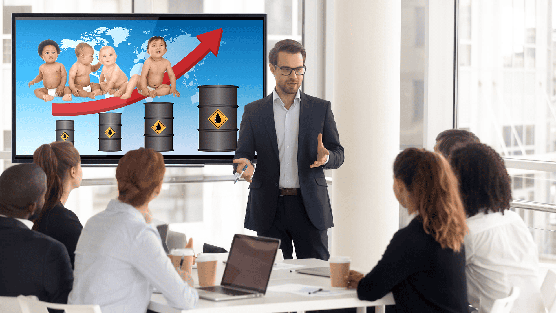 A business presentation where the man presenting is showing a screen with barrels of oil and babies, where a red arrow makes an upward curve, showing growth