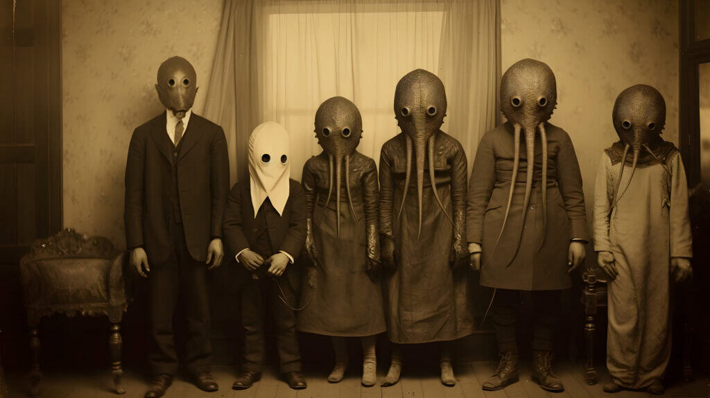 old photo of family in strange alien masks