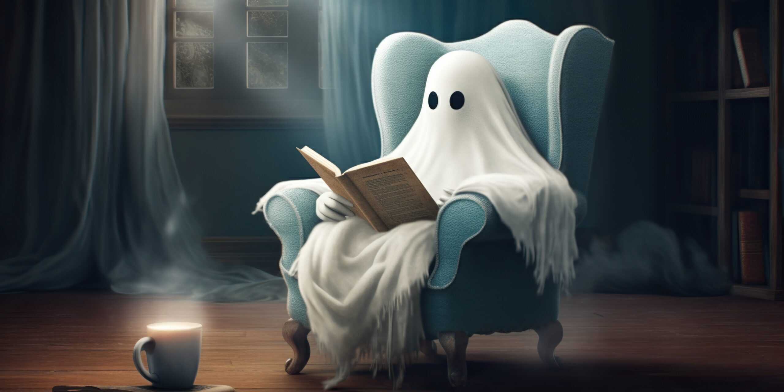 ghost reading book in chair, concept of Paranormal entity and Ethereal literature enthusiast, created with Generative AI technology